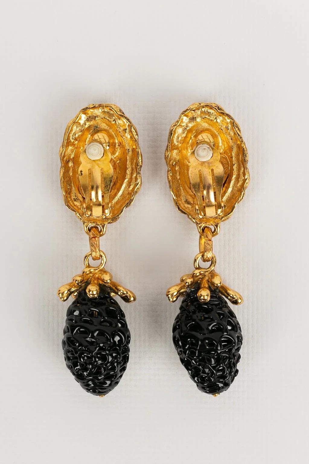 Artist Yves Saint Laurent Gold and Black Glass Paste Clip Earrings For Sale