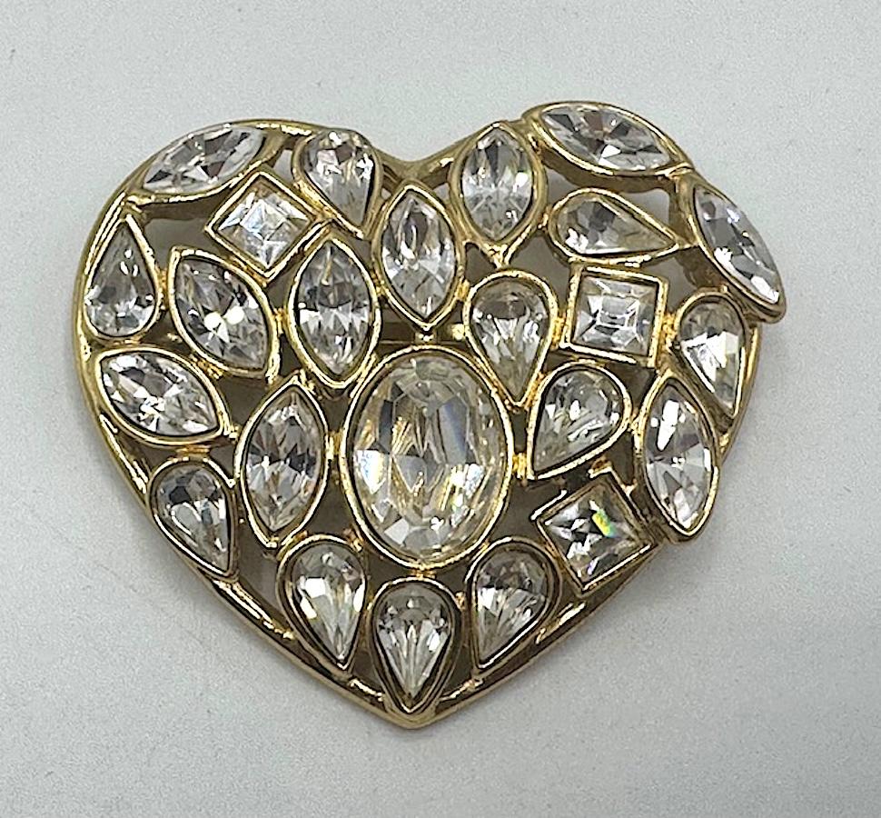 Mixed Cut Yves Saint laurent Gold and Crystal Heart Shape Brooch For Sale