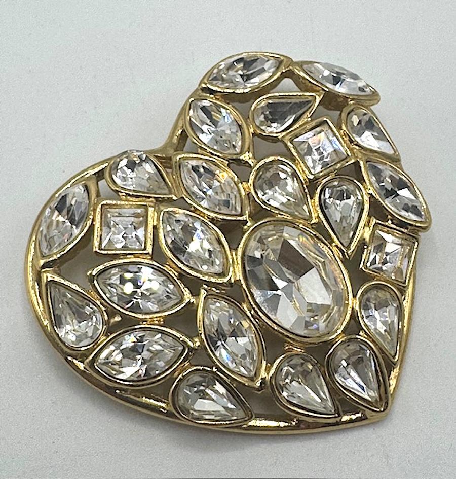 Women's or Men's Yves Saint laurent Gold and Crystal Heart Shape Brooch For Sale