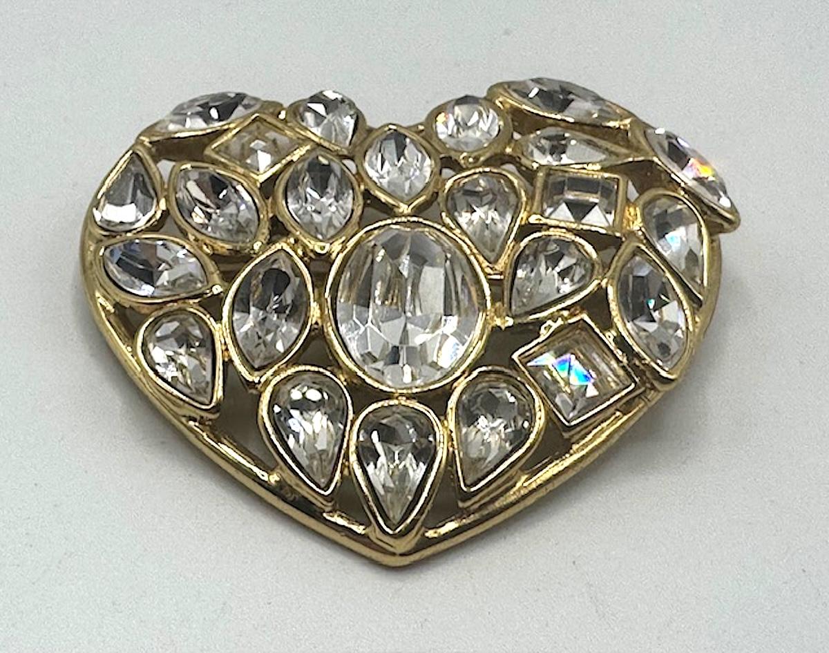 Yves Saint laurent Gold and Crystal Heart Shape Brooch For Sale 1