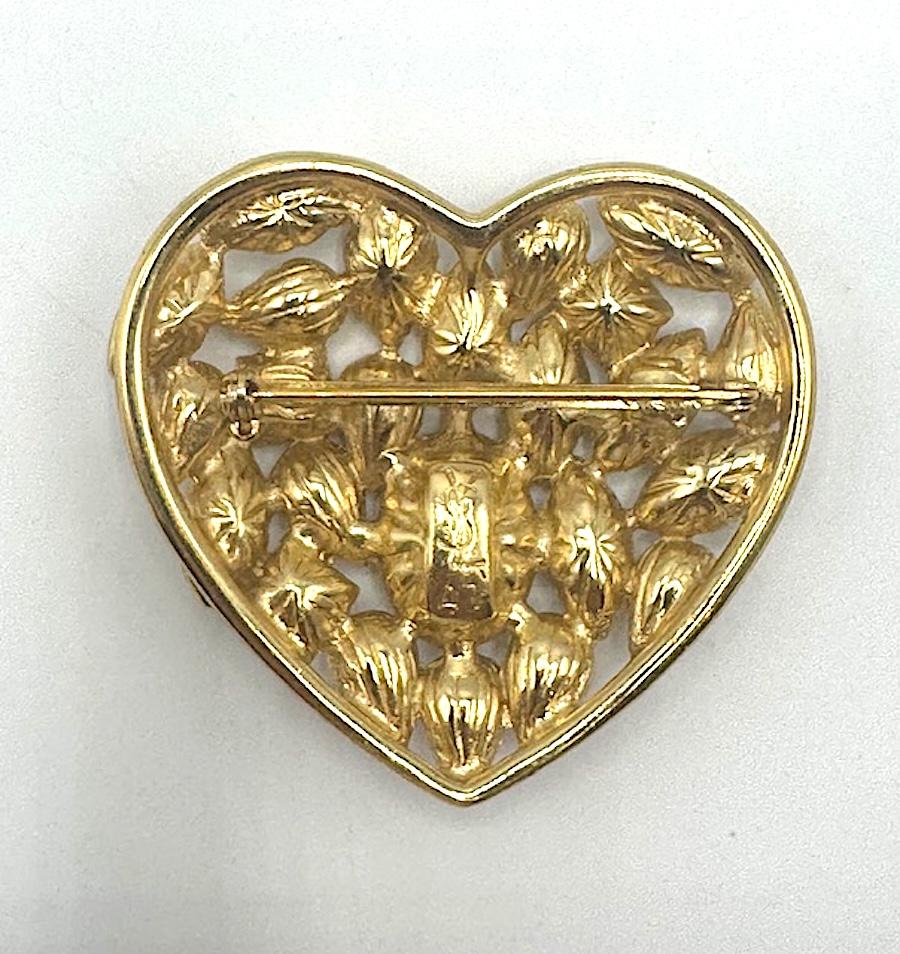 Yves Saint laurent Gold and Crystal Heart Shape Brooch For Sale 2