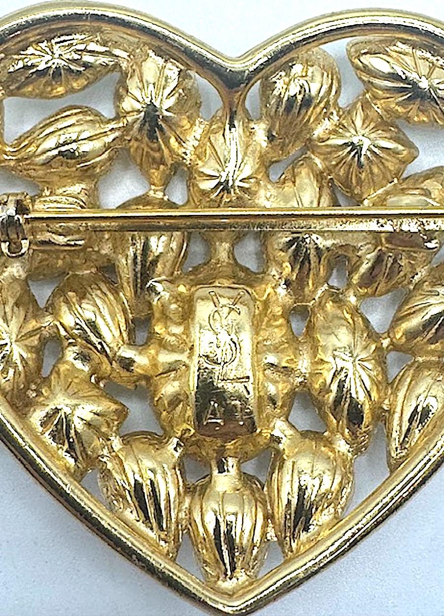 Yves Saint laurent Gold and Crystal Heart Shape Brooch For Sale 3