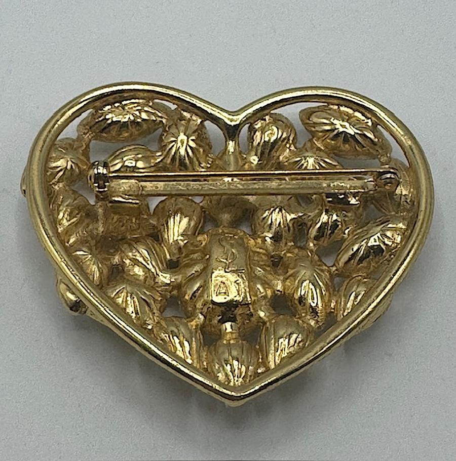 Yves Saint laurent Gold and Crystal Heart Shape Brooch For Sale 4
