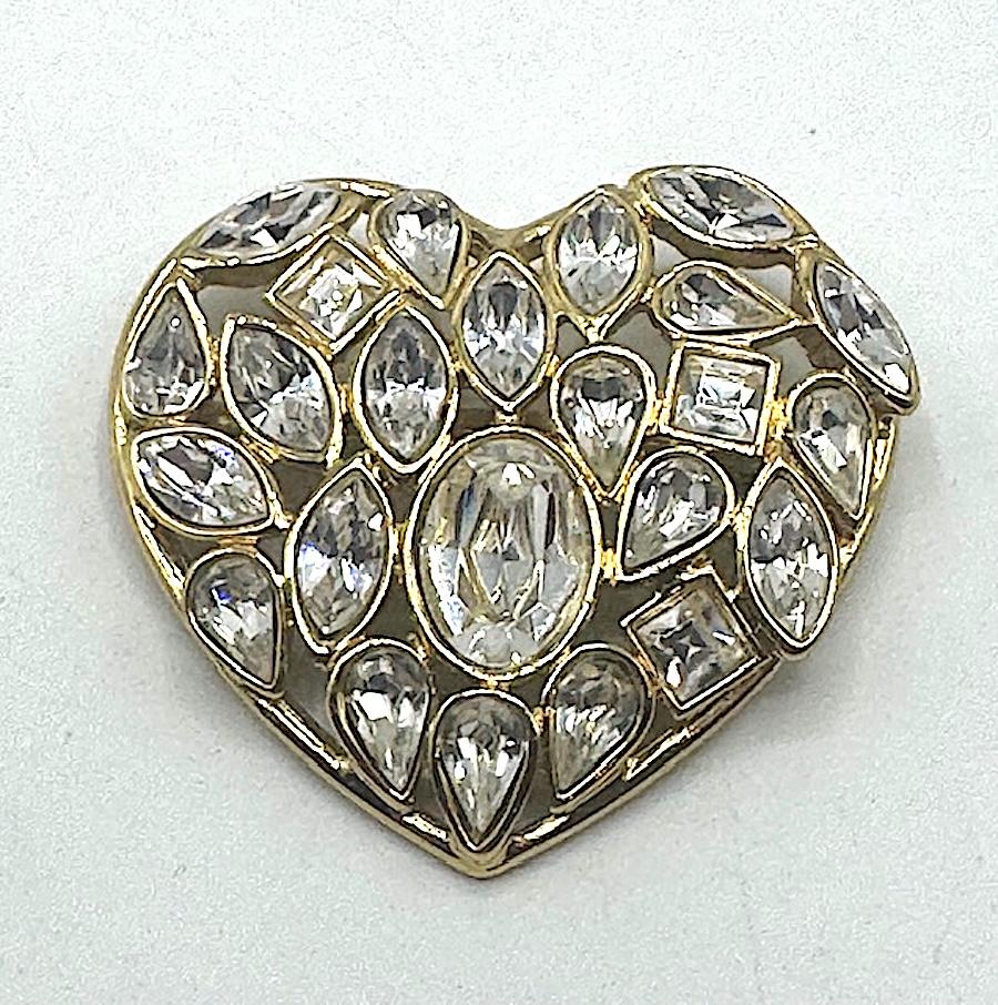 Yves Saint laurent Gold and Crystal Heart Shape Brooch For Sale 5