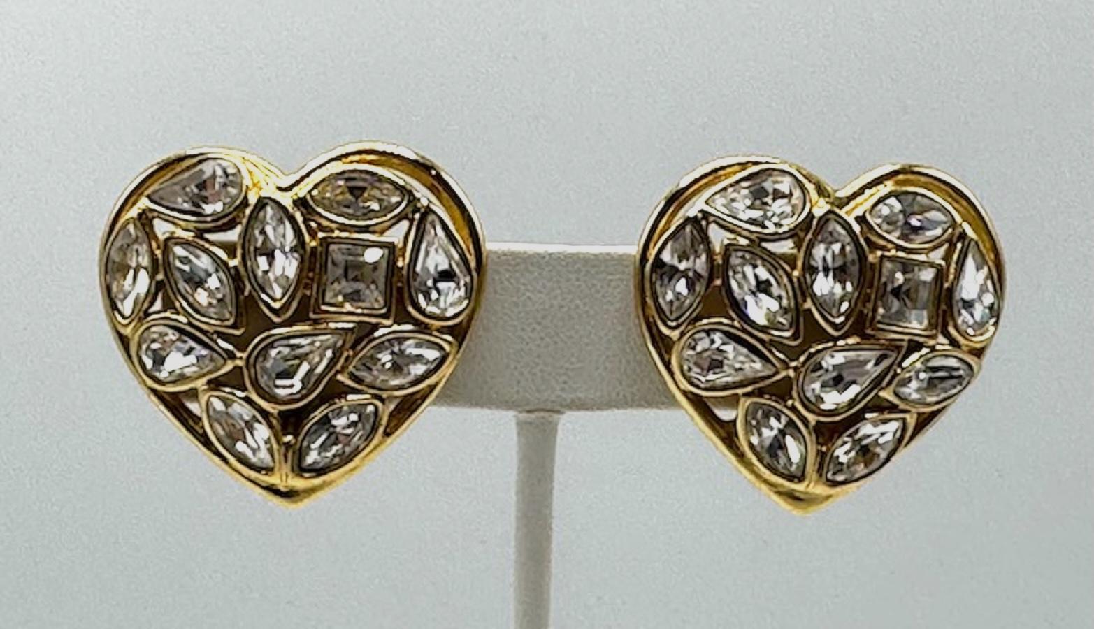Yves Saint Laurent Gold and Crystal Heart Shape Earrings For Sale 7