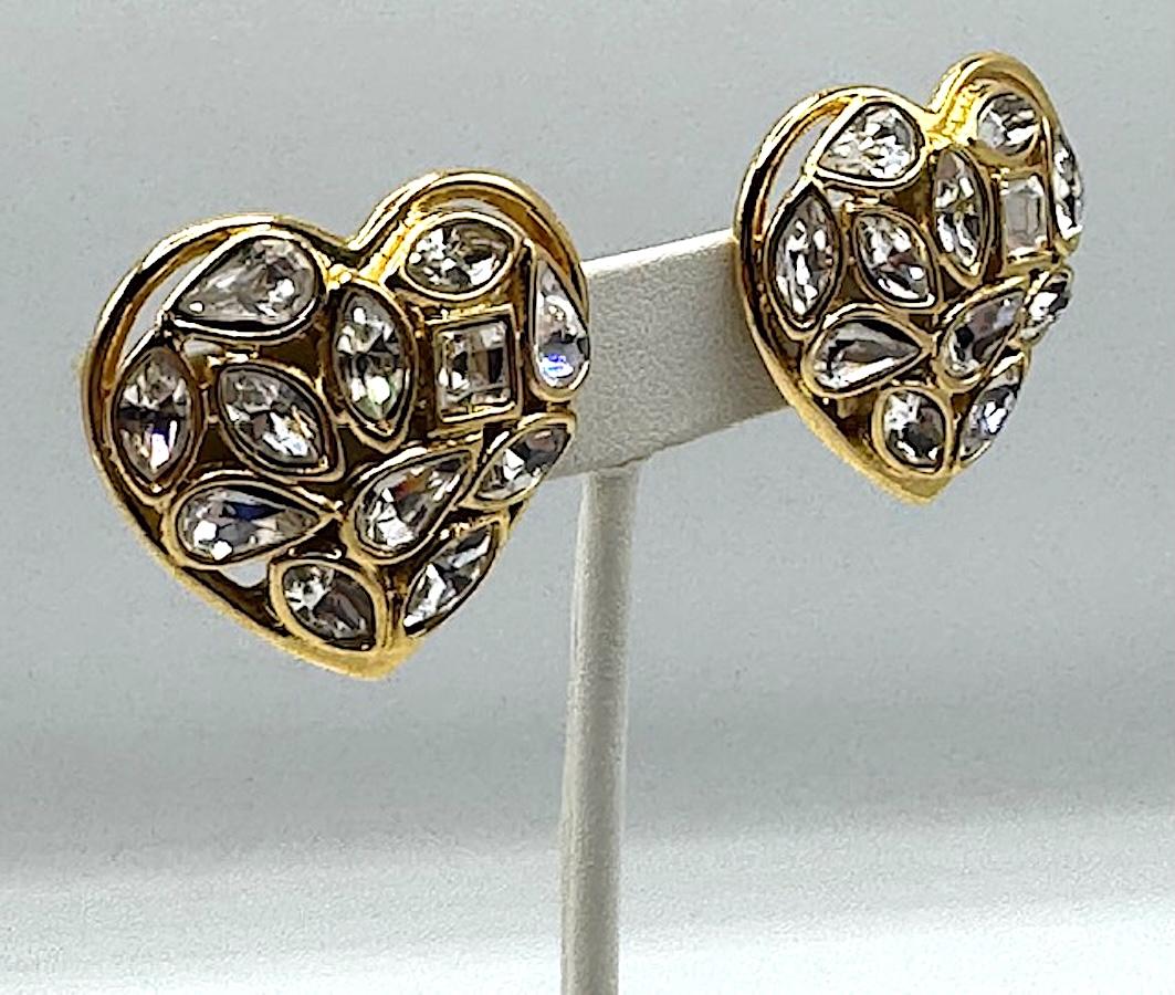 Yves Saint Laurent Gold and Crystal Heart Shape Earrings For Sale 8