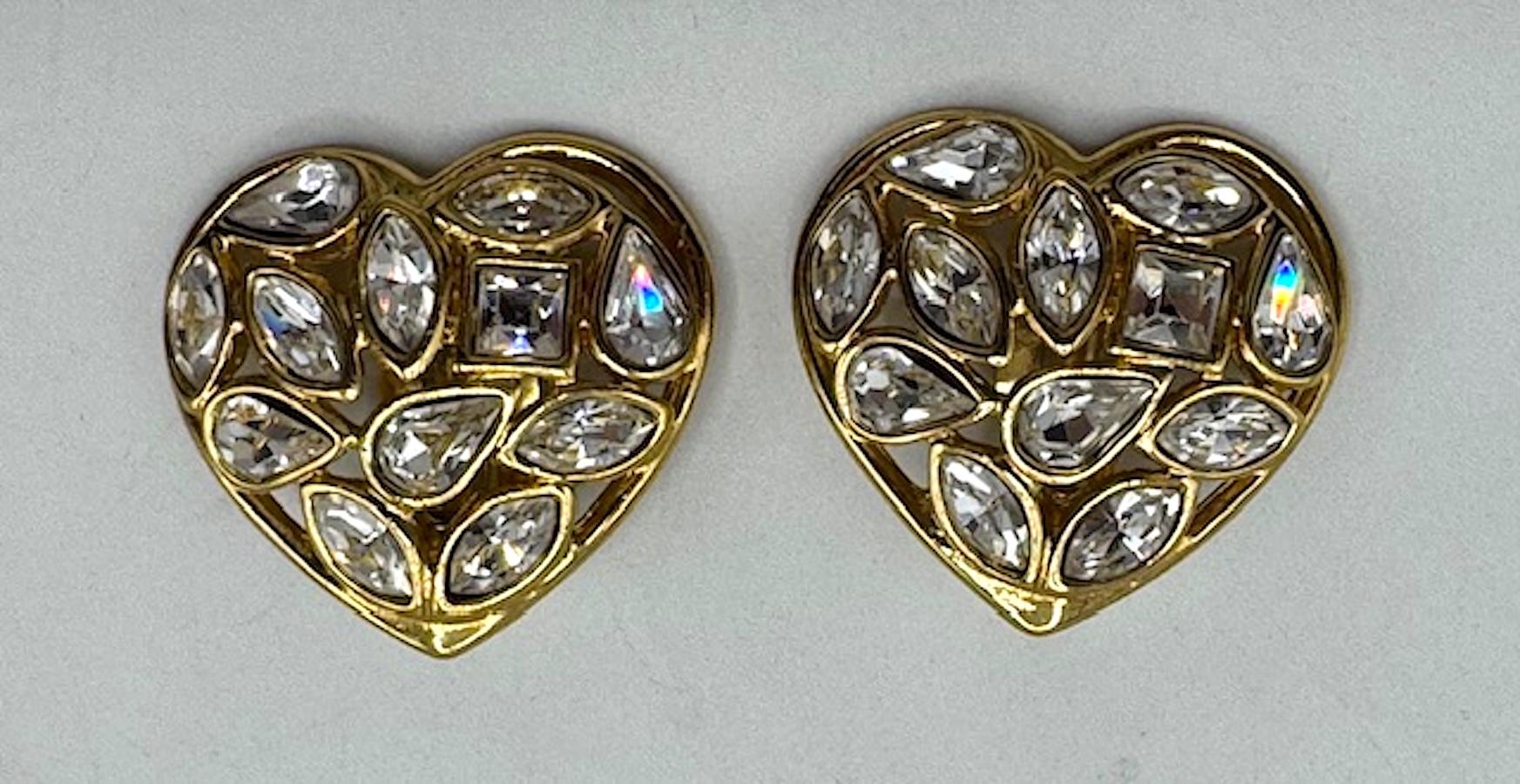 Mixed Cut Yves Saint Laurent Gold and Crystal Heart Shape Earrings For Sale
