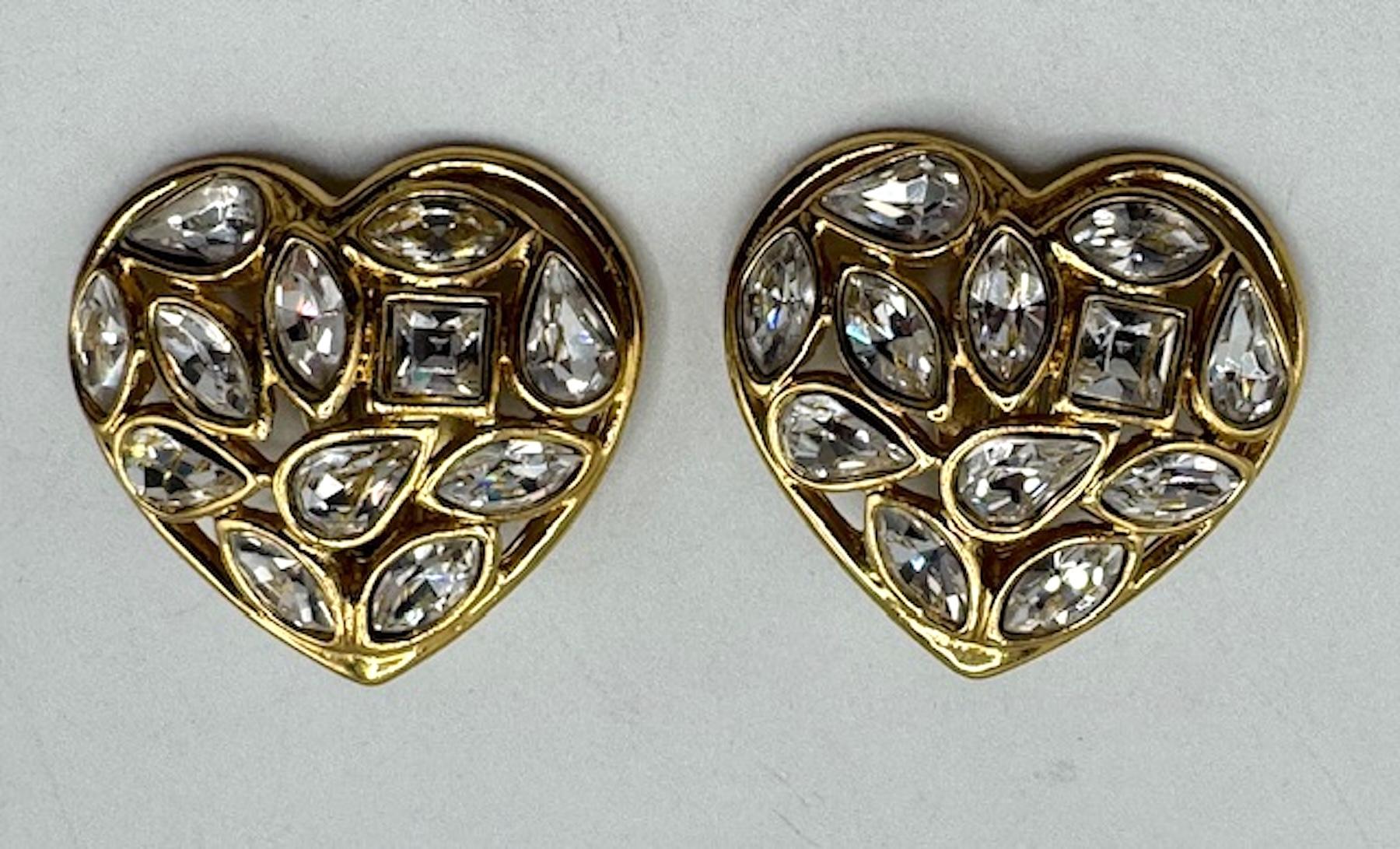 Yves Saint Laurent Gold and Crystal Heart Shape Earrings In Good Condition For Sale In New York, NY