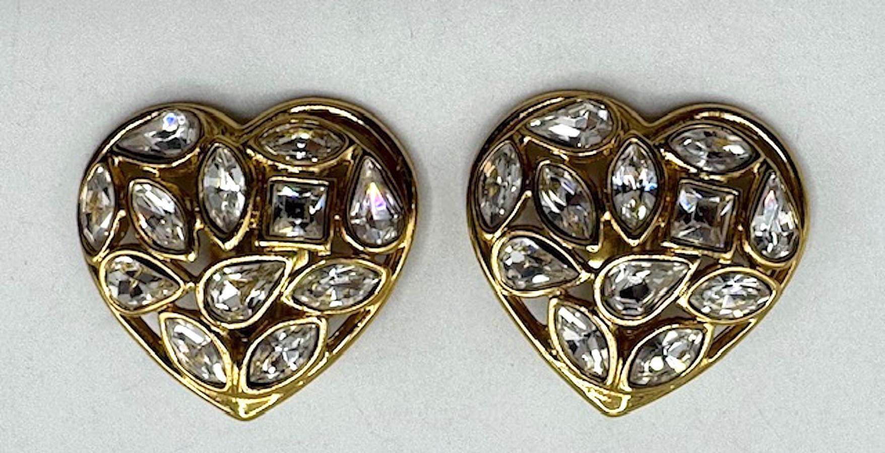 Women's Yves Saint Laurent Gold and Crystal Heart Shape Earrings For Sale