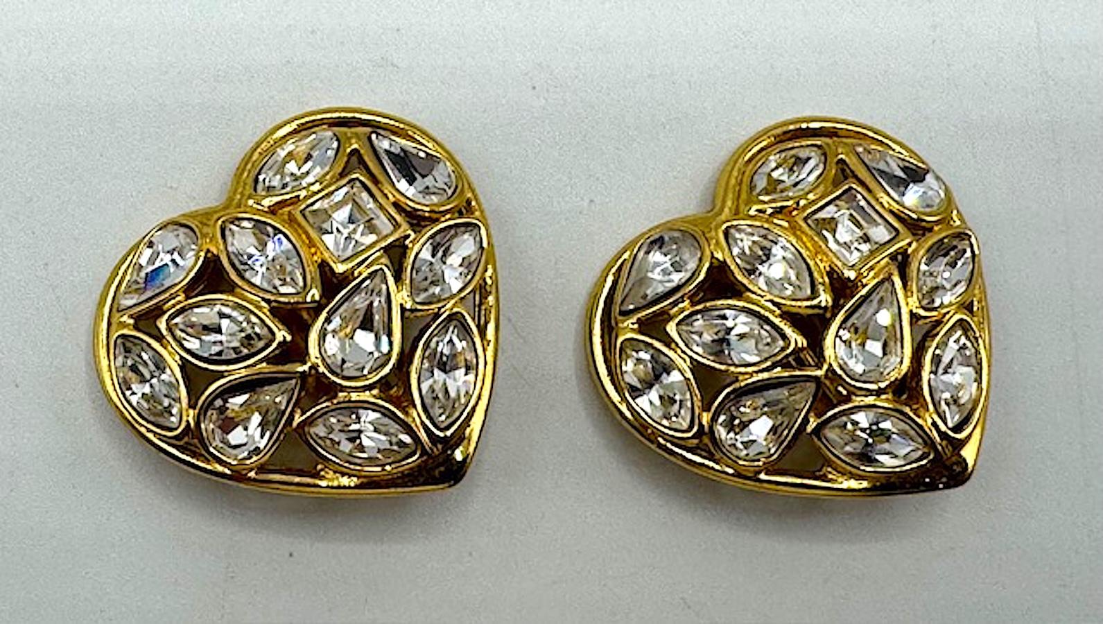 Yves Saint Laurent Gold and Crystal Heart Shape Earrings For Sale 2