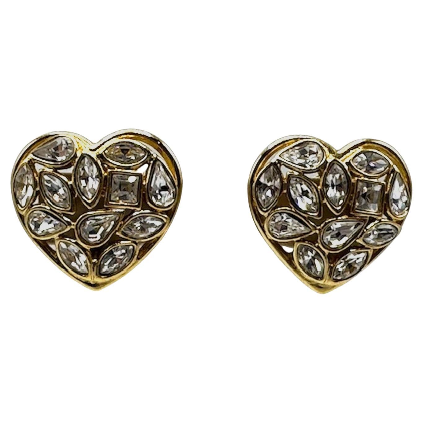 Yves Saint Laurent Gold and Crystal Heart Shape Earrings For Sale