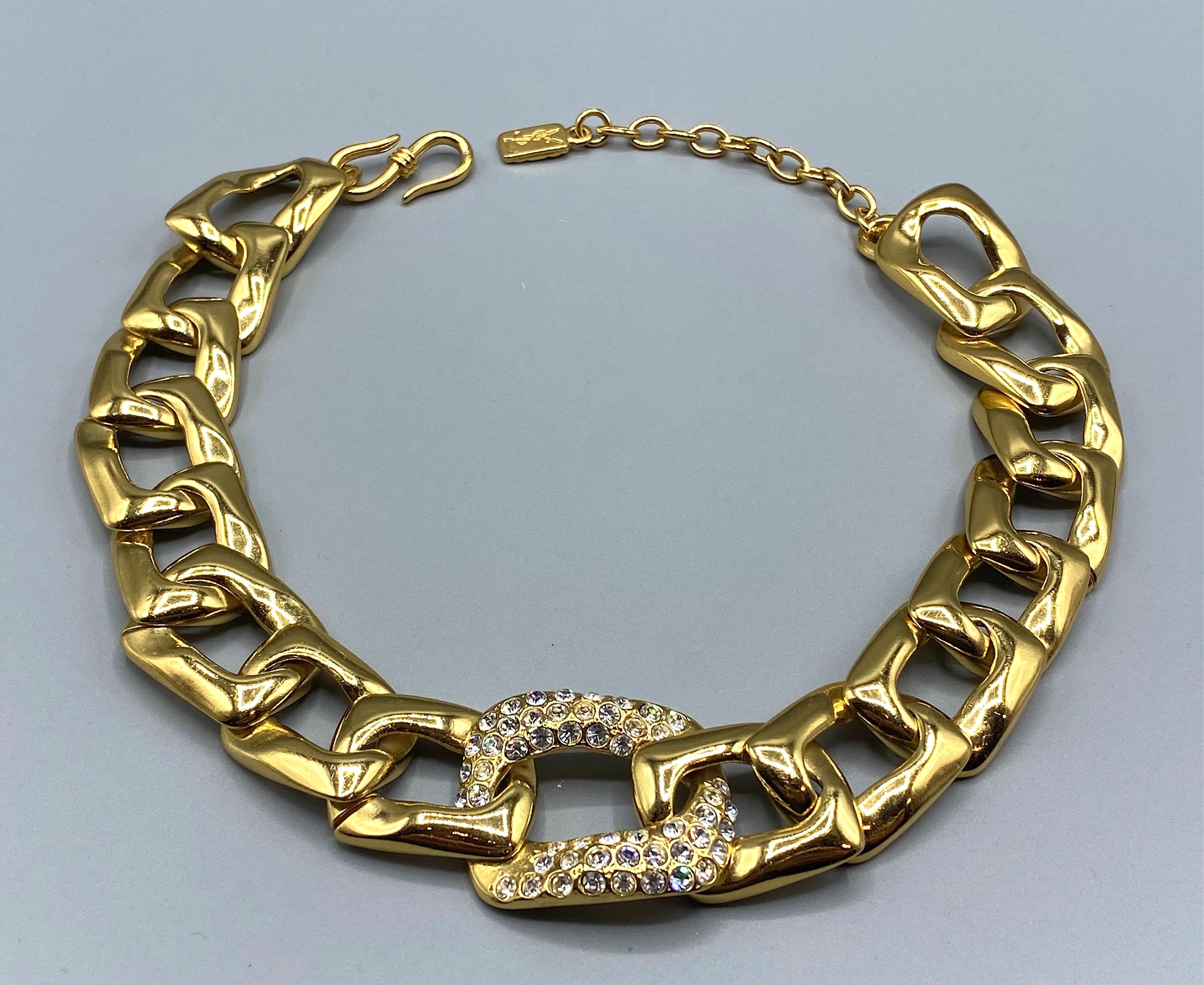 Yves Saint Laurent 1980s Gold with Rhinestone Large Link Necklace For Sale 7