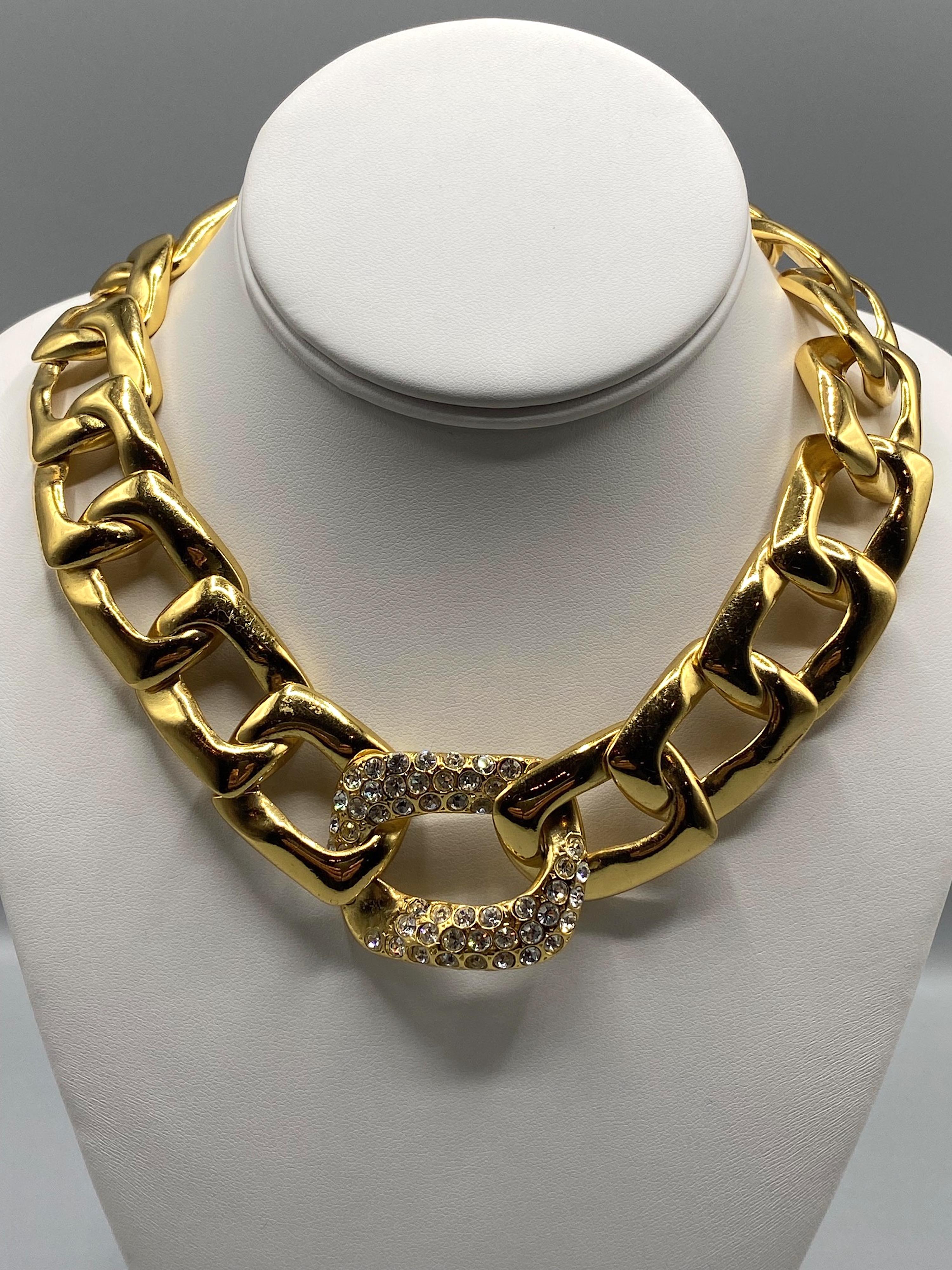 Yves Saint Laurent 1980s Gold with Rhinestone Large Link Necklace For Sale 8