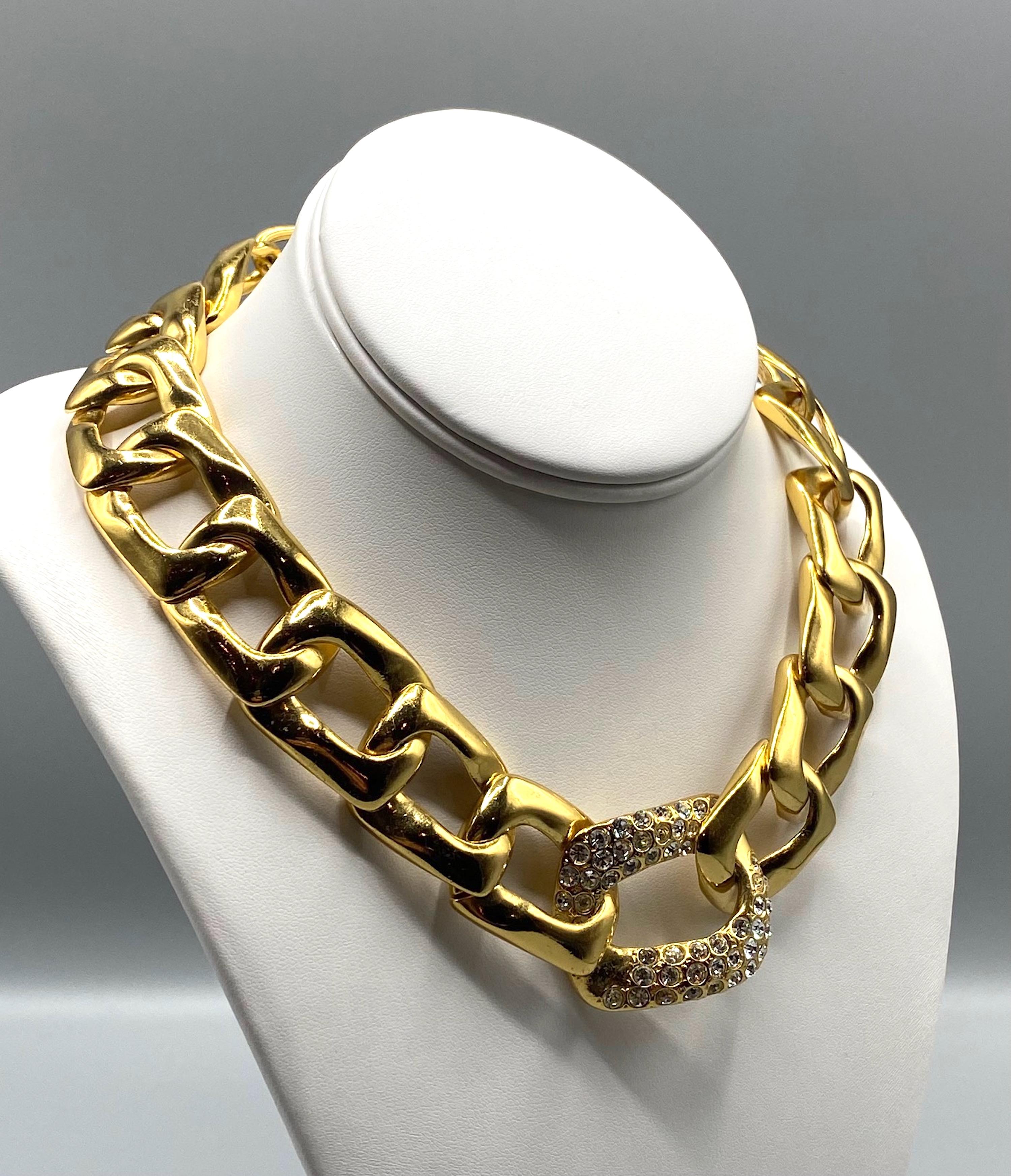 Yves Saint Laurent 1980s Gold with Rhinestone Large Link Necklace In Good Condition For Sale In New York, NY