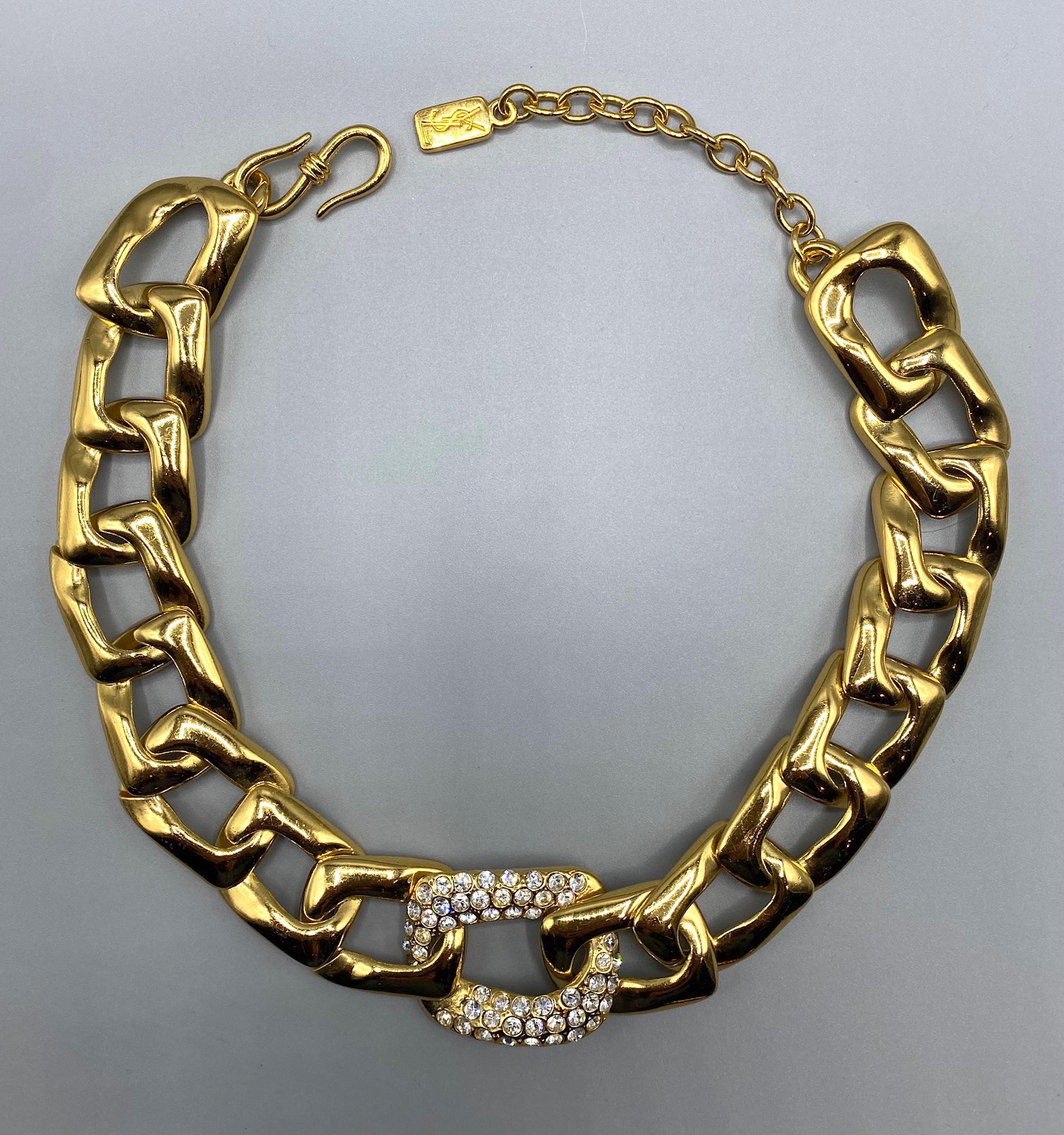 Yves Saint Laurent 1980s Gold with Rhinestone Large Link Necklace For Sale 3