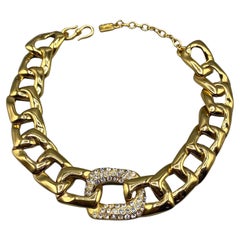 Vintage Yves Saint Laurent 1980s Gold with Rhinestone Large Link Necklace