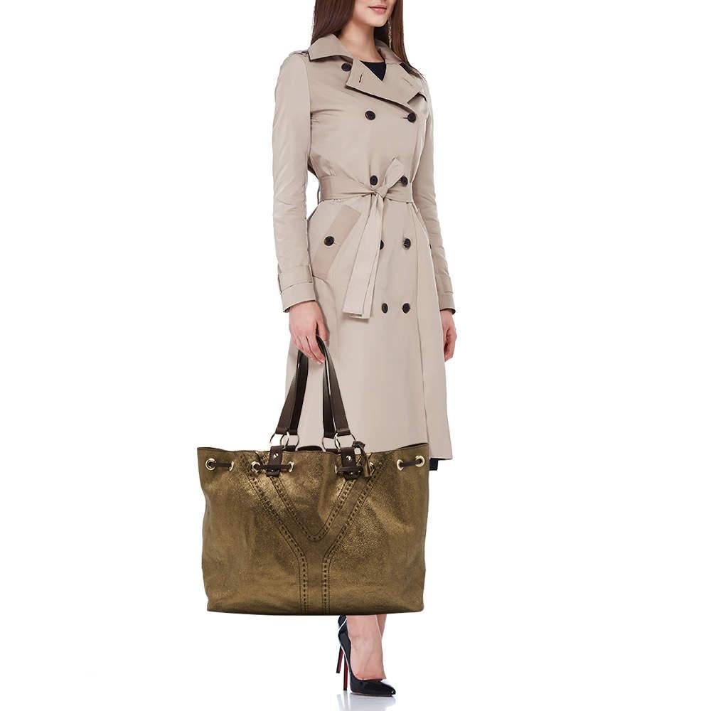 Yves Saint Laurent Gold/Brown Leather Reversible Double Sac Y Tote In Good Condition In Dubai, Al Qouz 2