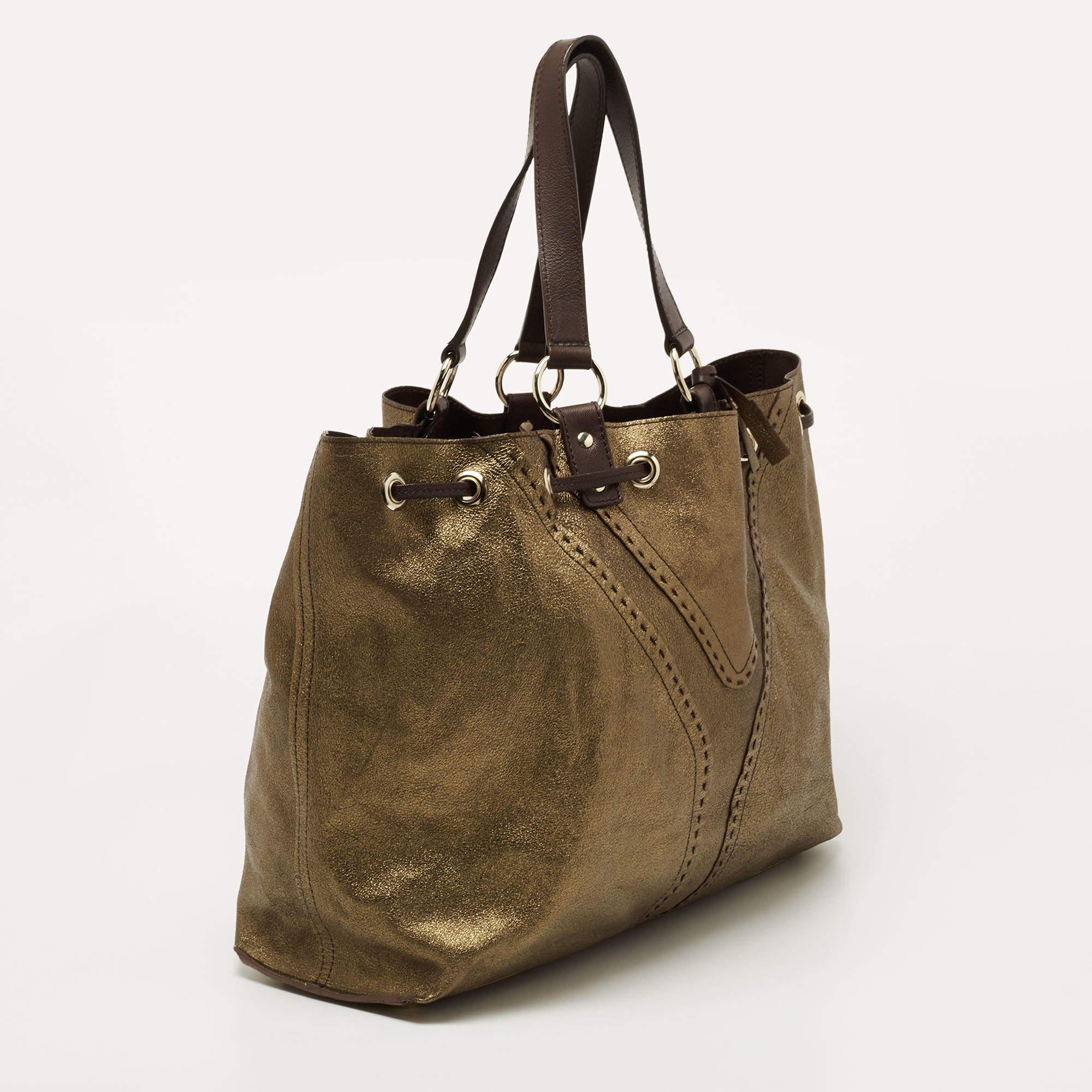 Women's Yves Saint Laurent Gold/Brown Leather Reversible Double Sac Y Tote