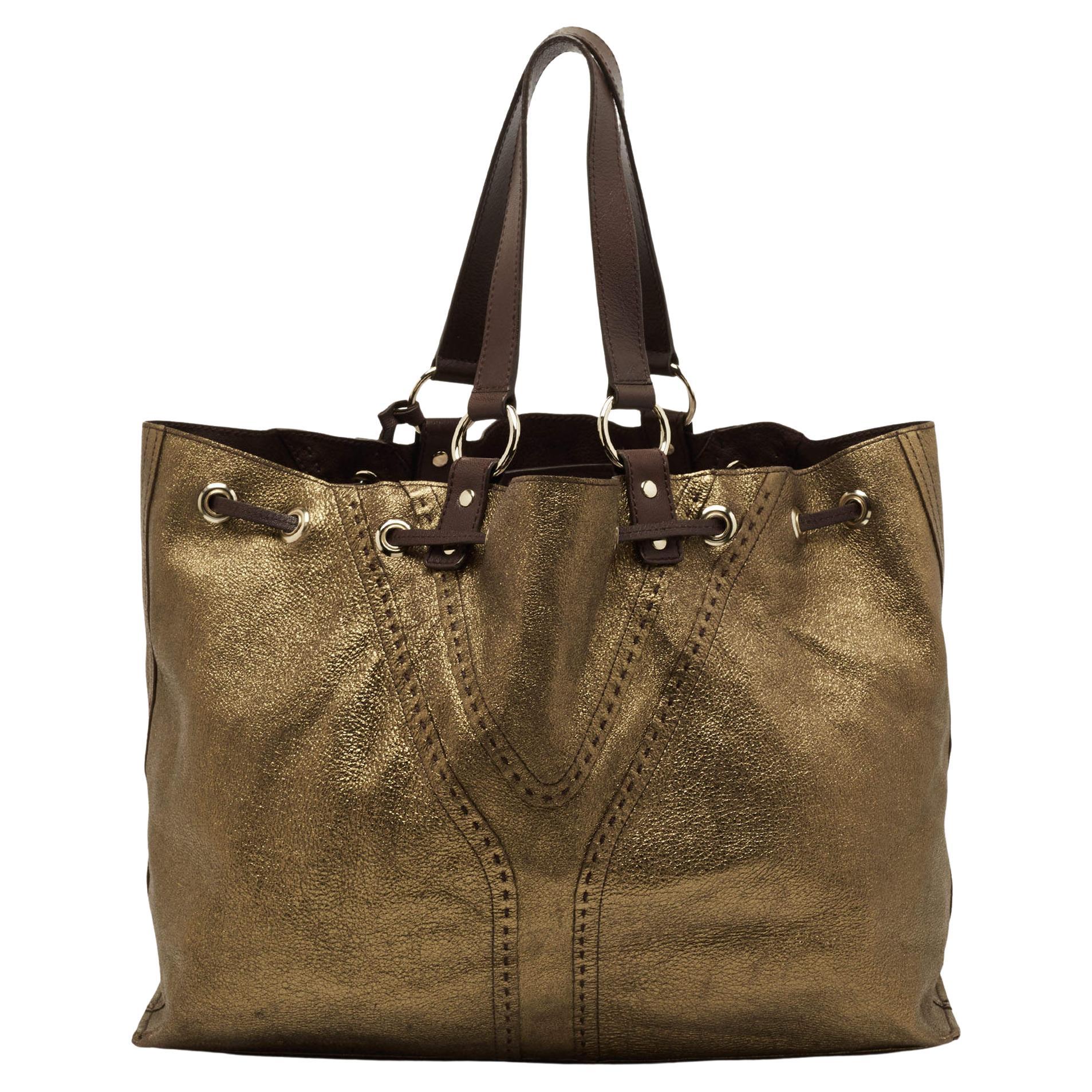 Yves Saint Laurent Gold/Brown Leather Reversible Double Sac Y Tote For Sale  at 1stDibs