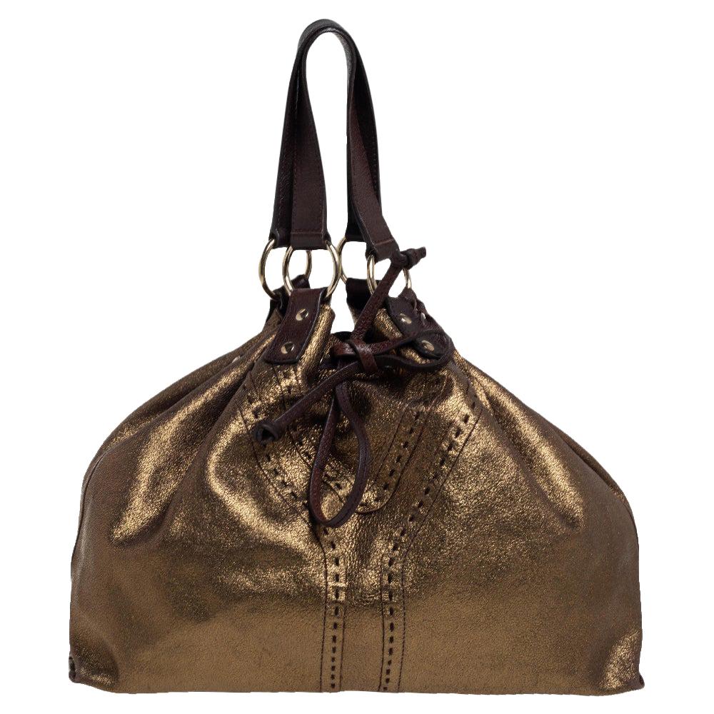 Yves Saint Laurent Gold/Dark Brown Leather Reversible Double Sac Y Tote