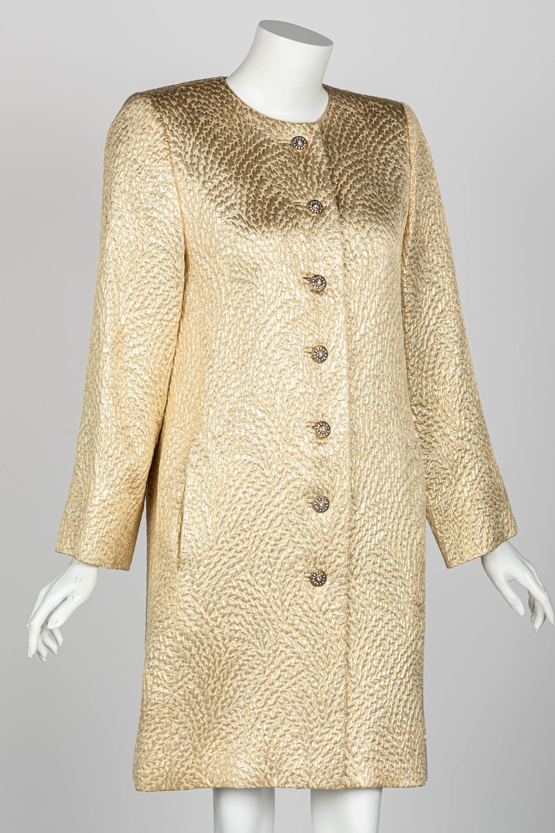 Yves Saint Laurent Gold Evening Coat w/ Jeweled Buttons YSL, 1990s In Excellent Condition For Sale In Boca Raton, FL
