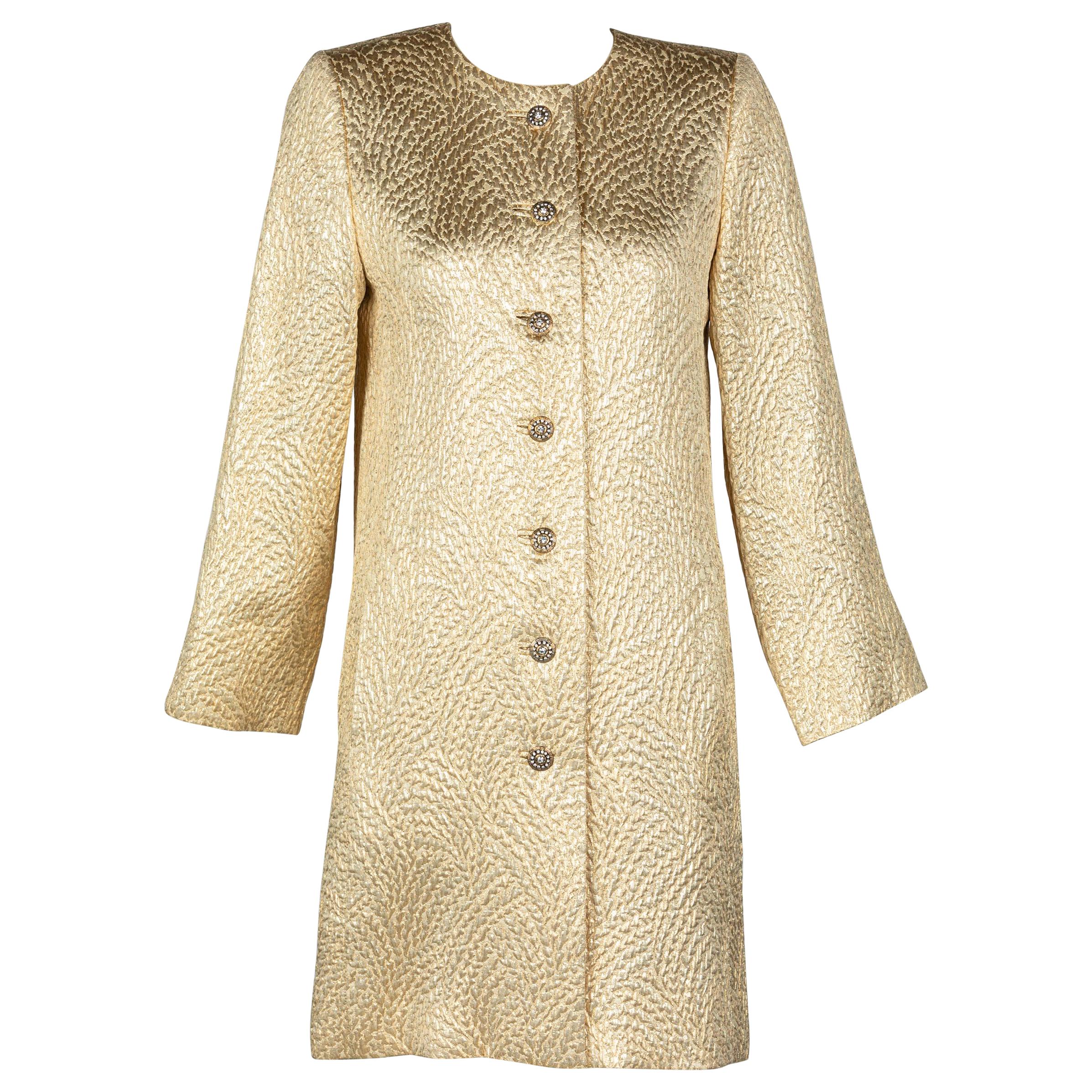 Yves Saint Laurent Gold Evening Coat w/ Jeweled Buttons YSL, 1990s For Sale