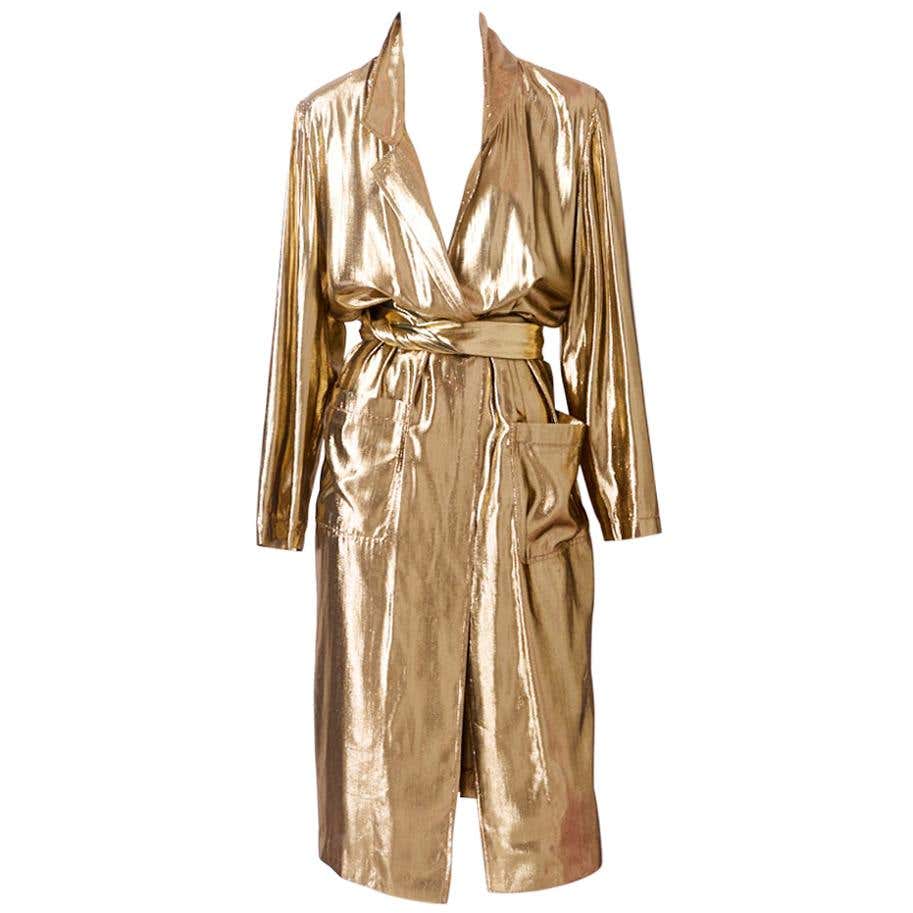 Yves Saint Laurent Gold Lame Belted Coat/Dress at 1stDibs