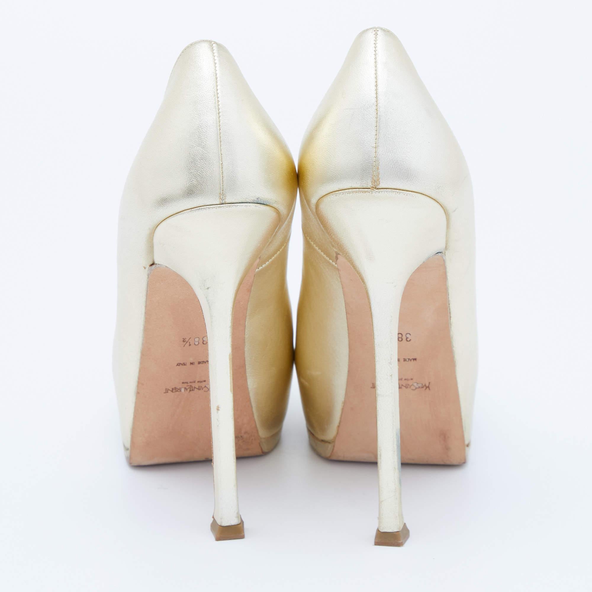 Yves Saint Laurent Gold Leather Tribtoo Platform Pumps Size 38.5 For Sale 1