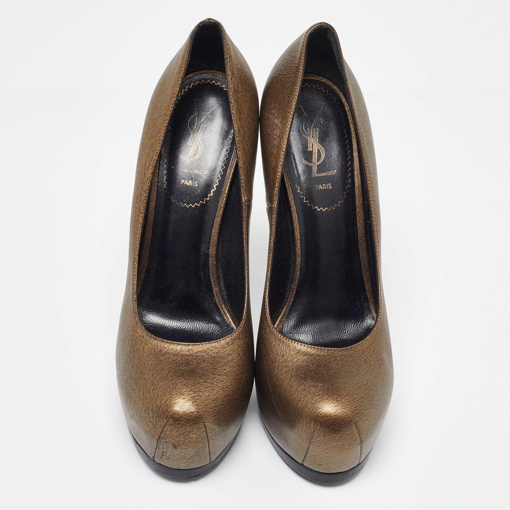 Brown Yves Saint Laurent Gold Leather Tribtoo Platform Pumps Size 39