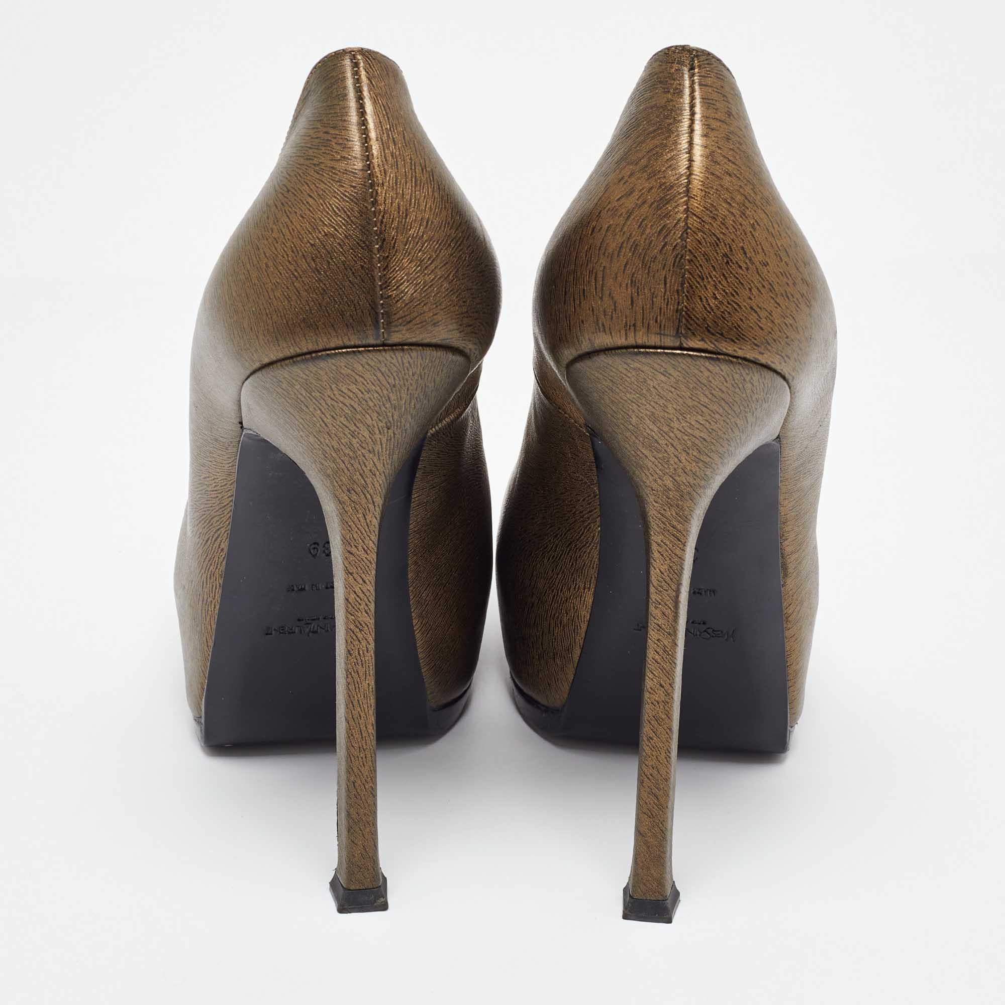 Women's Yves Saint Laurent Gold Leather Tribtoo Platform Pumps Size 39