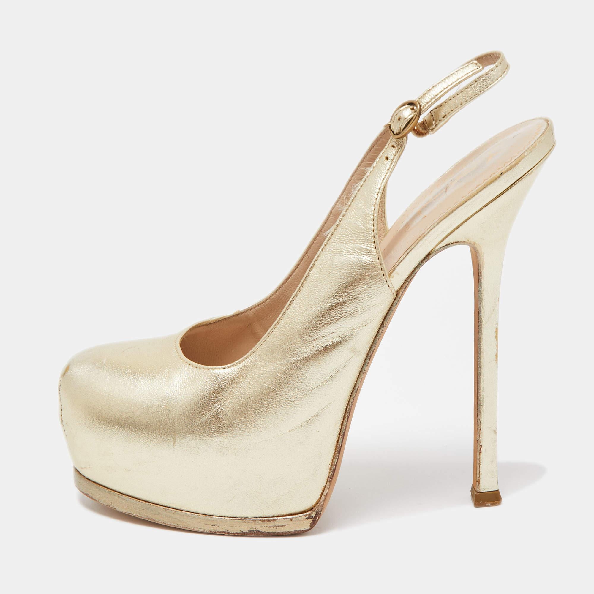 Yves Saint Laurent Gold Leather Tribtoo Slingback Pumps Size 38 For Sale 3