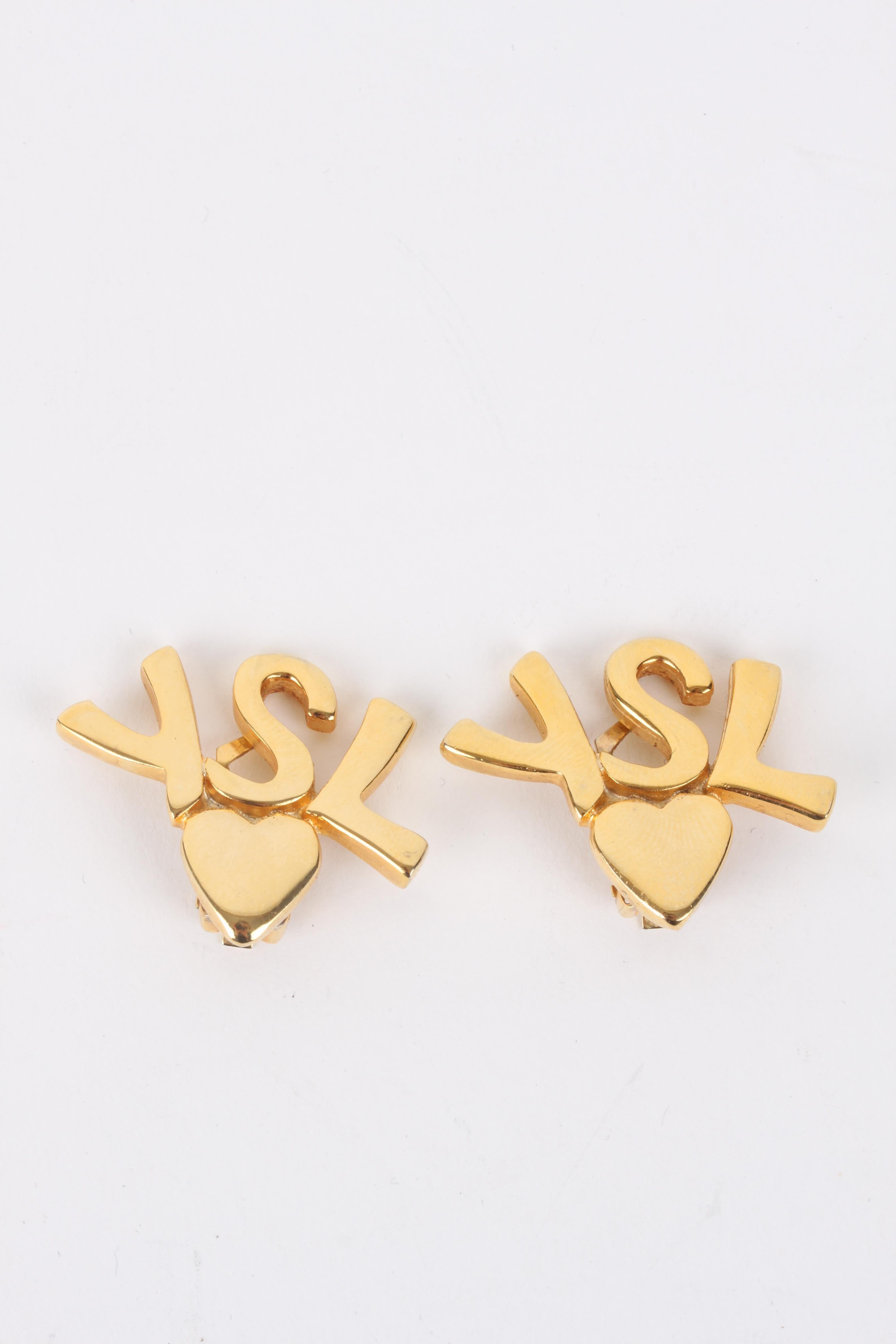 Yves Saint Laurent Gold Logo Initials Heart Clip-On Earrings In Excellent Condition For Sale In Baarn, NL
