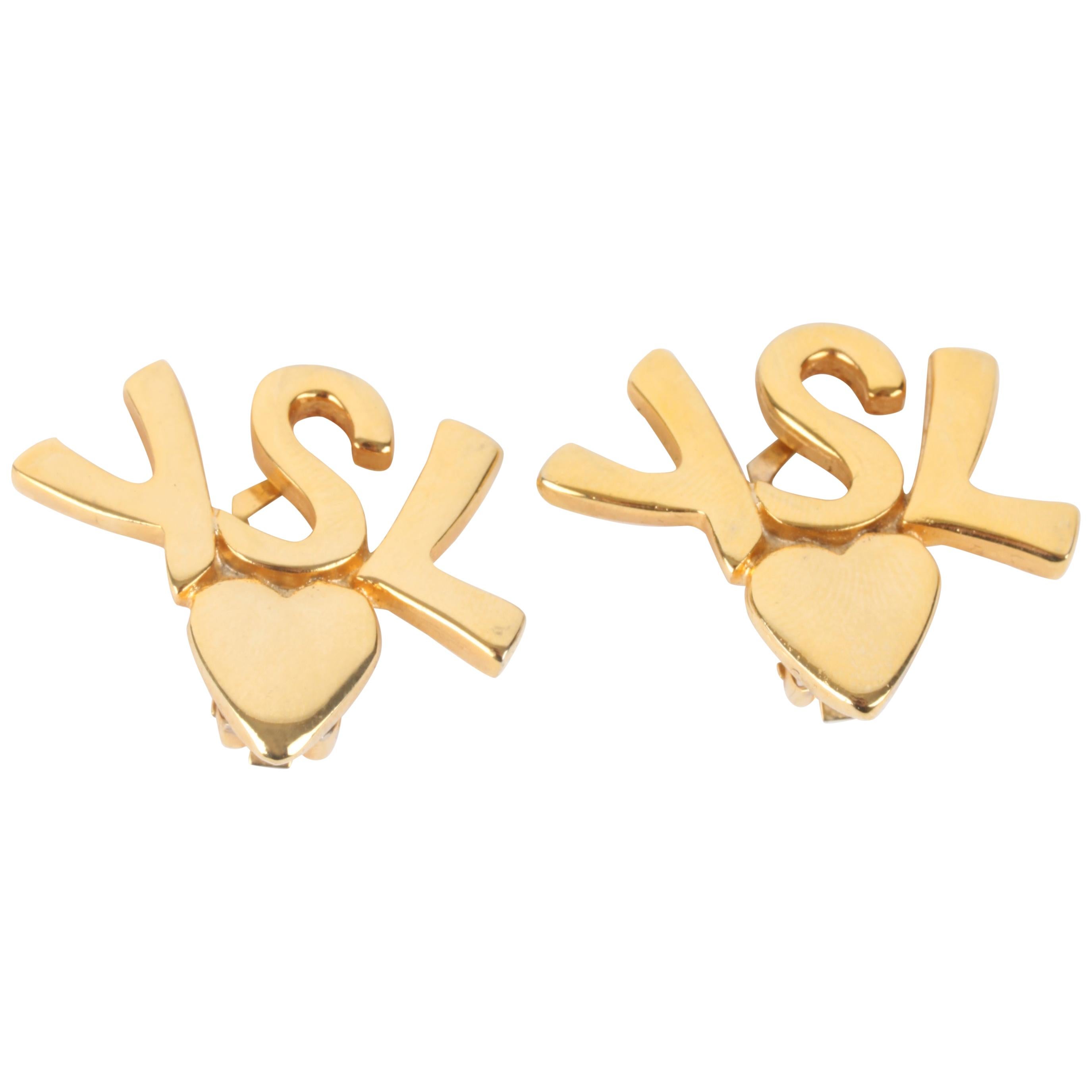 Yves Saint Laurent Gold Logo Initials Heart Clip-On Earrings For Sale