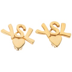 Yves Saint Laurent Gold Logo Initials Heart Clip-On Earrings
