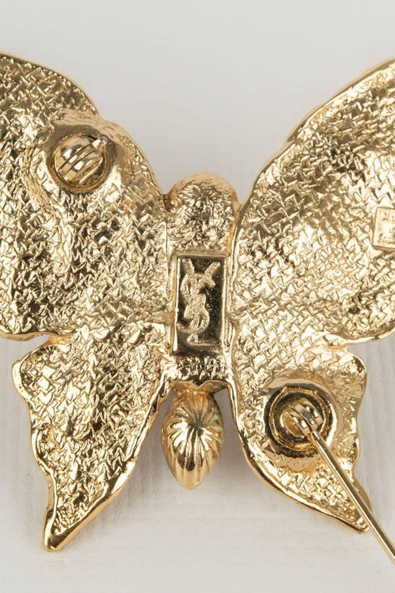 Yves Saint Laurent Gold Metal and Rhinestone Butterfly Brooch For Sale 2