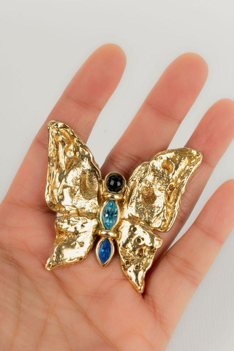 Yves Saint Laurent Gold Metal and Rhinestone Butterfly Brooch For Sale 4