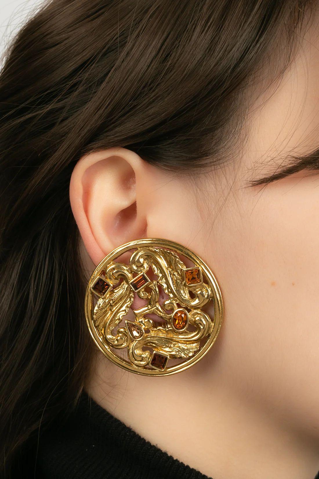Yves Saint Laurent Gold Metal and Rhinestone Earrings For Sale 2