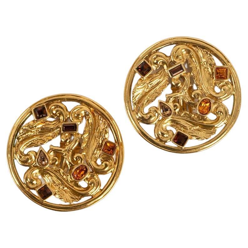 Yves Saint Laurent Gold Metal and Rhinestone Earrings For Sale