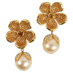 Yves Saint Laurent Gold Metal, fancy Pearl and Rhinestone Earrings