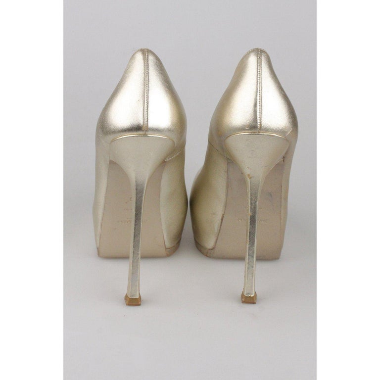  YVES  SAINT  LAURENT Gold Metal Leather Platform Pumps Heels 