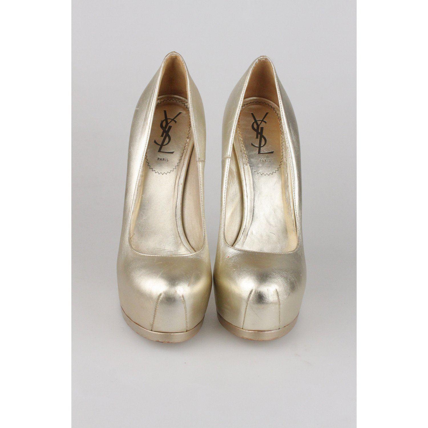 YVES SAINT LAURENT Gold Metal Leather Platform Pumps Heels Shoes Size 39 2