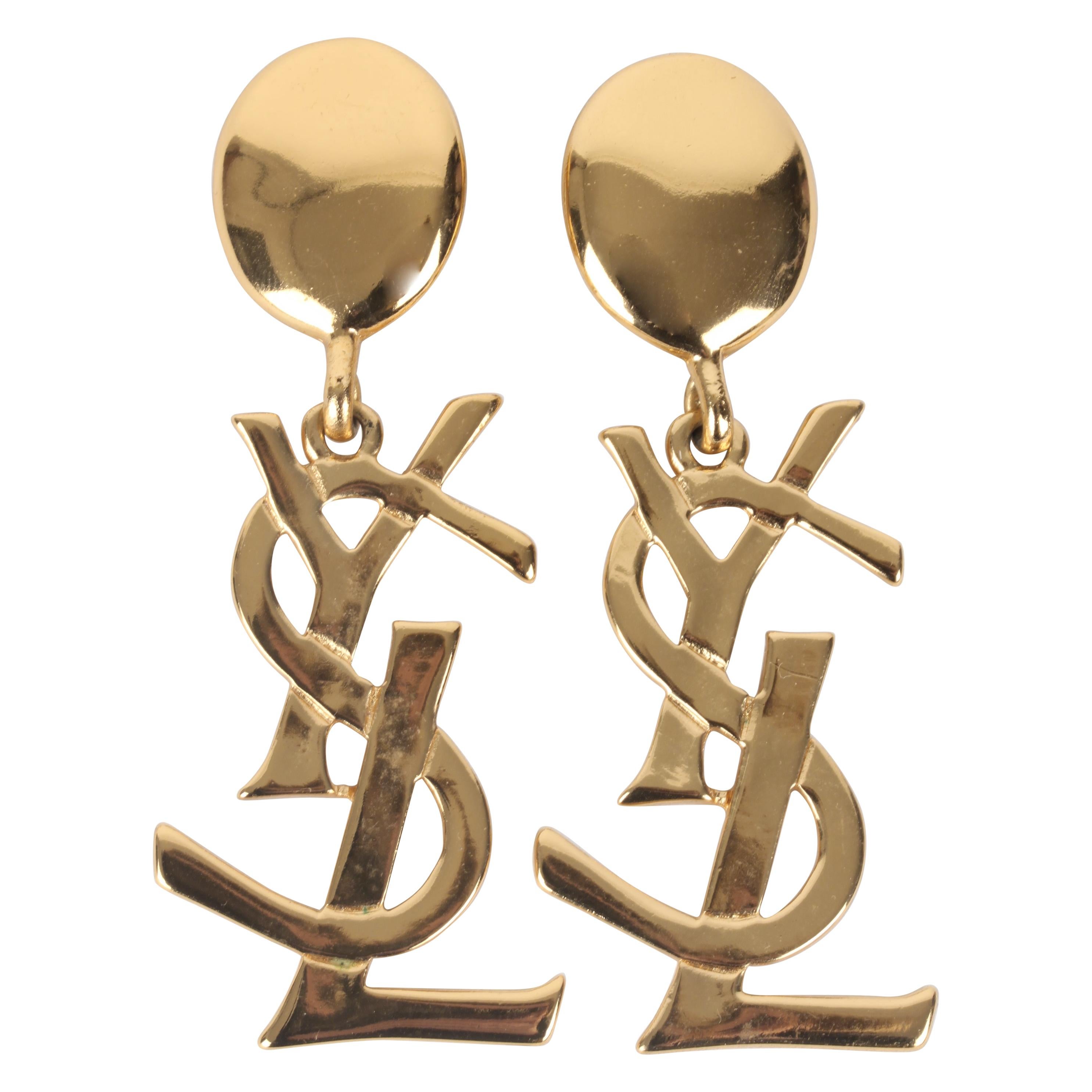 Yves Saint Laurent Gold-Plated Logo Clip-On Earrings For Sale