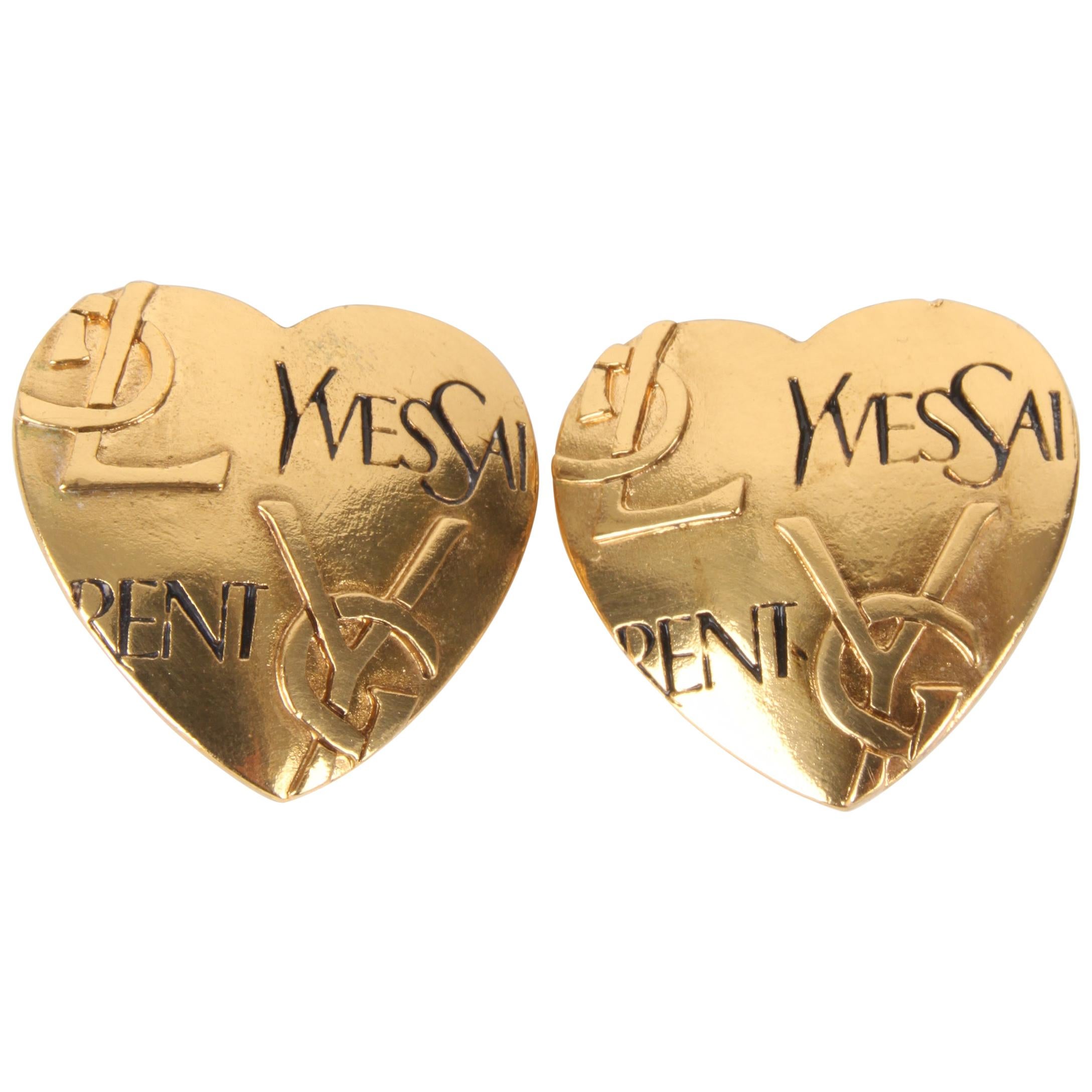 Yves Saint Laurent Gold-Plated Logo Heart Clip-On Earrings For Sale