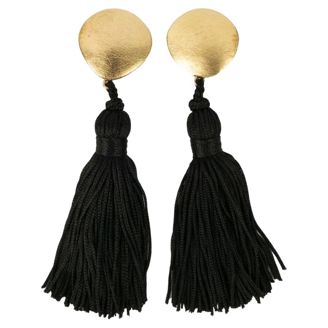 Yves Saint Laurent Gold Plated Metal and Black Trimmings Earrings For Sale
