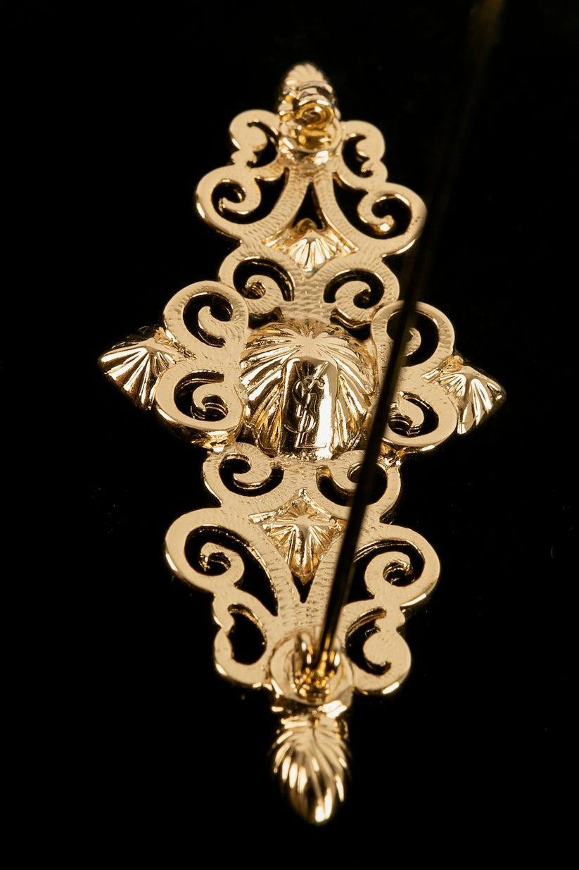 Yves Saint Laurent Gold Plated Metal and Rhinestone Brooch For Sale 2