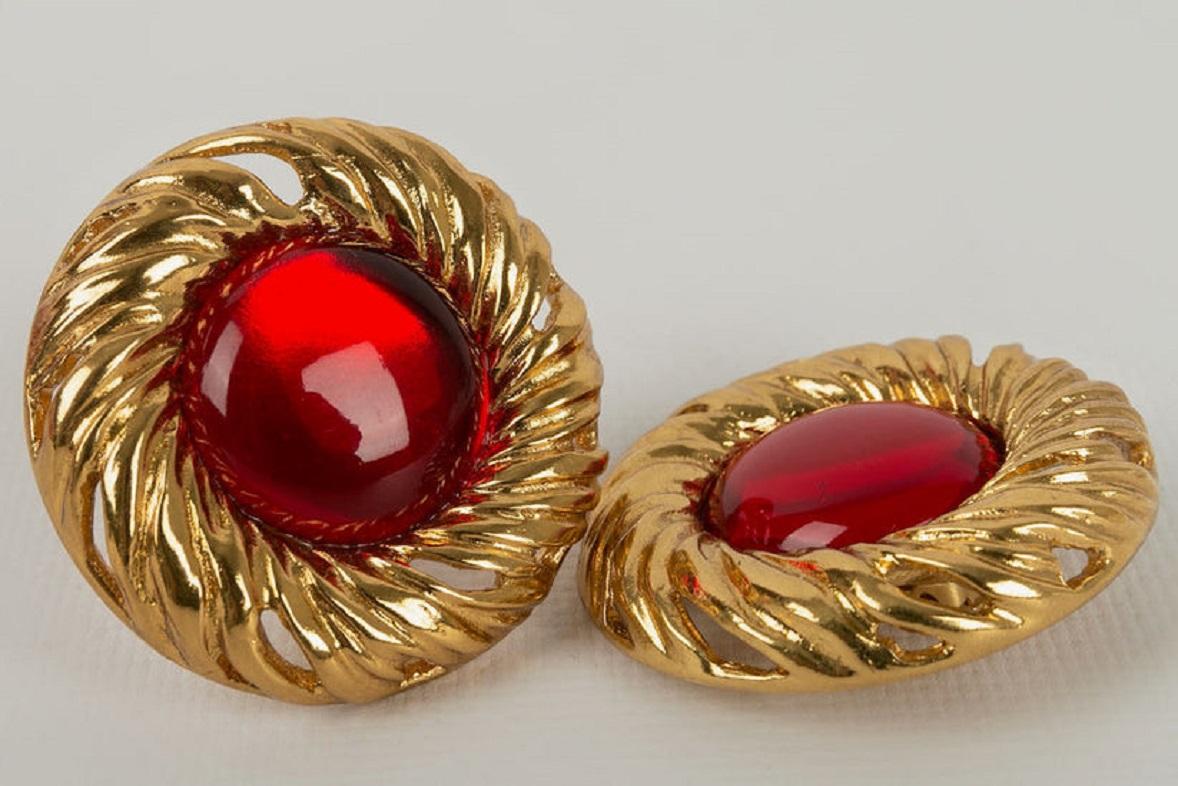 Women's Yves Saint Laurent Gold-Plated Metal Earrings with Red Glass Paste Cabochons For Sale