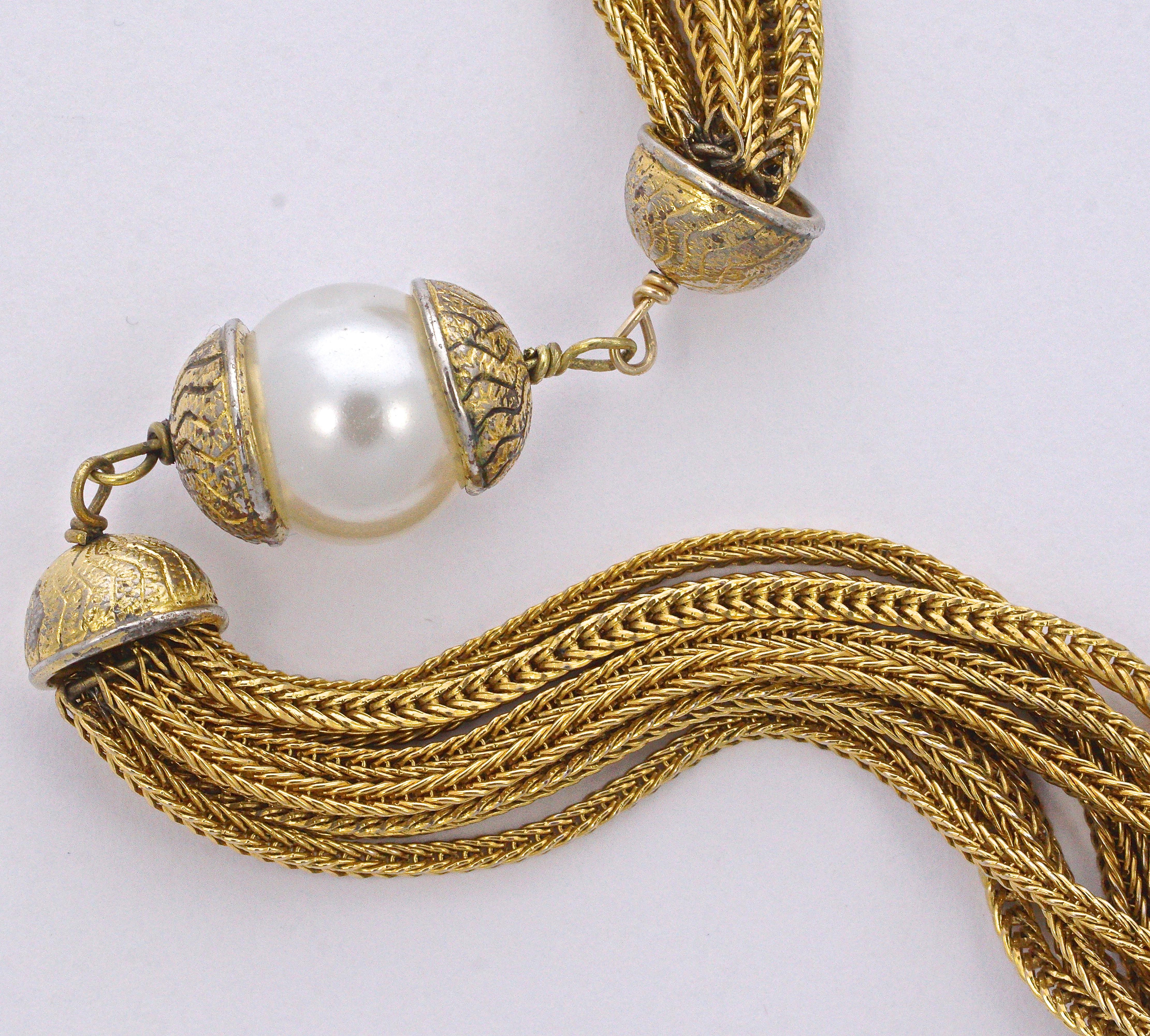 Women's or Men's Yves Saint Laurent Gold Plated Multi Strand Heart Pearl and Tassel Necklace