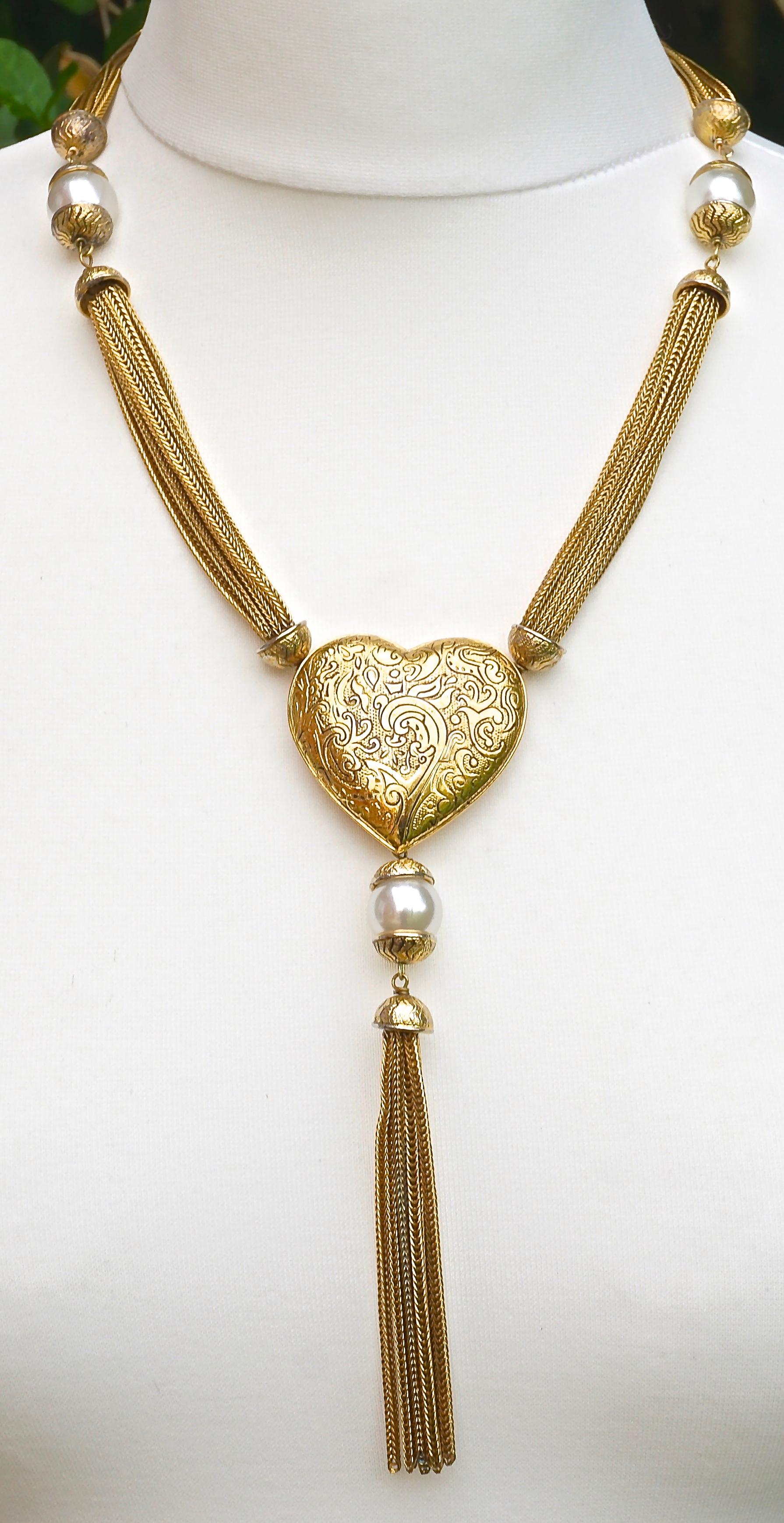 Yves Saint Laurent Gold Plated Multi Strand Heart Pearl and Tassel Necklace 3