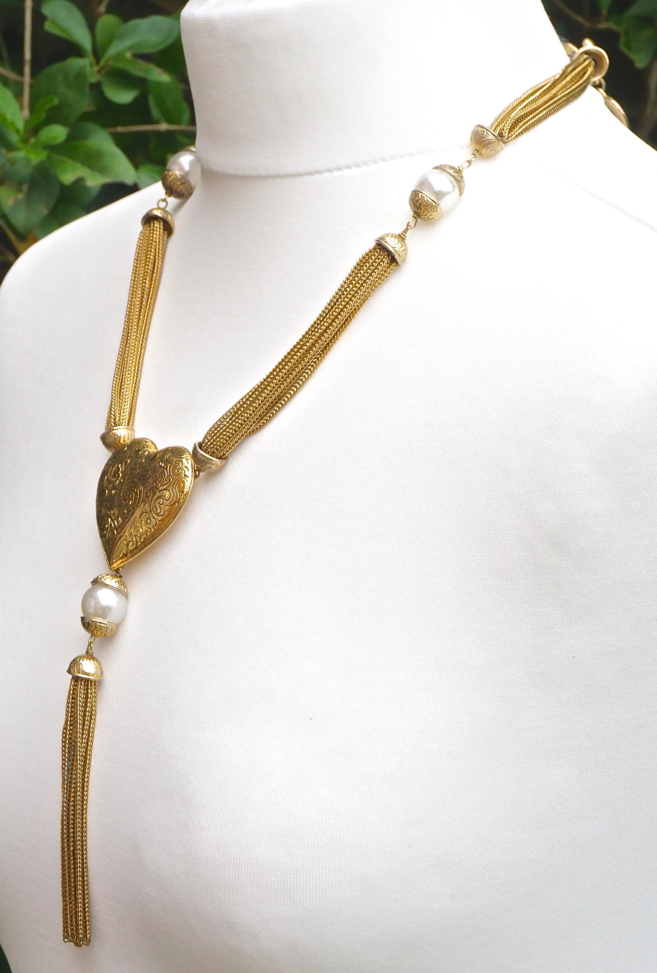 Yves Saint Laurent Gold Plated Multi Strand Heart Pearl and Tassel Necklace 4