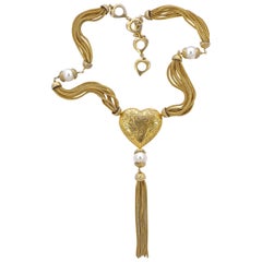 Yves Saint Laurent Gold Plated Multi Strand Heart Pearl and Tassel Necklace